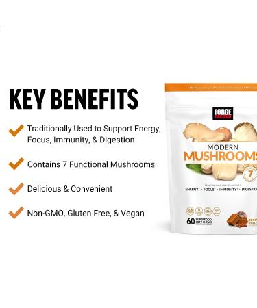 Force Factor Modern Mushrooms Soft Chews - Energy, Focus, Immunity & Digestion Support with Cordyceps, Turkey Tail, Chaga, Reishi & Lion's Mane - Cinnamon Roll Flavor | 60 Chews - Buy Online on GoSupps.com