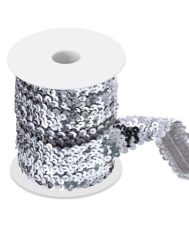 11 Yard 1 Inch Elastic Sequins Trim 3 Row Flat Glitter Sequin Trim Bling Fabric Paillette Ribbon Trim Metallic Stretch Sequin Trim Crafts Elastic Sequin Lace for Dress Embellish Headband (Silver)