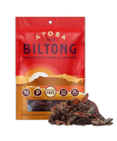 Ayoba Spicy Biltong - Grass Fed, Keto and Paleo Certified Air-Dried Beef Snack - Better Than Jerky Tender Steak Cuts - Whole 30 Approved, No Sugar, Gluten Free, No Nitrates (2 Ounce) Spicy 2 Ounce (Pack of 1)
