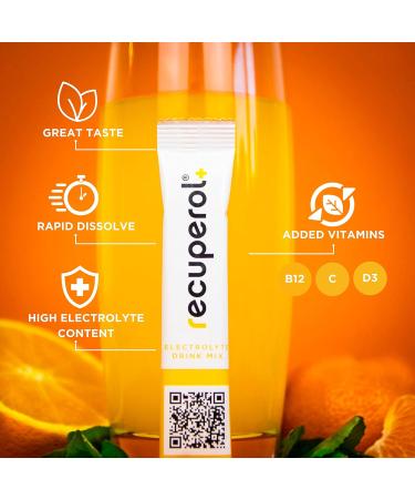 Recuperol Rehydration Electrolytes Powder - 20 Sachets, with Zinc, Vitamin C, B12, D3, Potassium, Natural Orange Flavor - Replace Electrolytes & Fluids, Dehydration Recovery - Buy Online on GoSupps.com