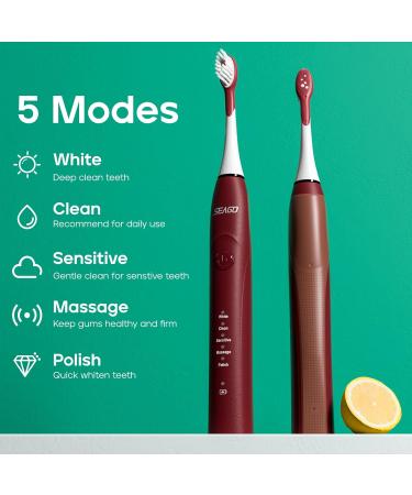 SEAGO Rechargeable Sonic Electric Toothbrush - 30 Days Battery 5 Modes 2 Minute Timer Portable with 8 Brush Heads - Perfect for Adults (Red - Buy Online on GoSupps.com