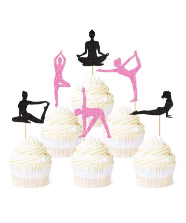 Ercadio 36 Pack Yoga Cupcake Toppers Black Glitter Yoga Balance Cupcake Picks Women Girls Yoga Cake Decorations for Gym Sports Yoga Theme Birthday Party Cake Decorations Supplies