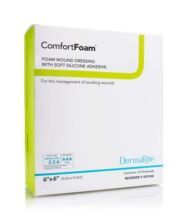 ComfortFoam Foam Wound Dressing 6 x 6 10 Pack Soft Silicone Adhesive Highly Absorbent Latex Free Self-Adherent Flexible Cut to Fit 6x6 10 Count
