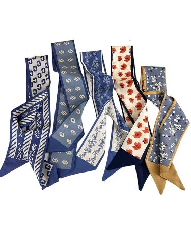 Retro small silk scarf girl heart spring and summer narrow ribbon headband headband bag decoration long scarf headdress (blue hair band 5pcs)