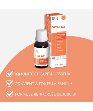 ISN - Vital D3 - 1000 UI - Compl ment Alimentaire riche en Vitamine D3 - Origine 100% Naturelle - Capital Osseux & Soutien de l'Immunit - Go t Neutre - Flacon Compte-gouttes 20ml - Buy Online on GoSupps.com