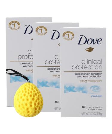 Clinical Deodorant Women 1.7 Oz Stick Original Scent - Clinical Strength Antiperspirant For 48-Hour Protection Dermatologist Recommended With Moisturizers Bundle With Bath Sponge (Pack Of 3)