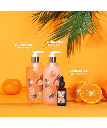 BFFLOVE Sweet Orange Spa Gift Set for Women | 10 Pc Bath Kit with Bath Salt, Massage Oil, Bubble Bath | Spa Tote Bag Included | Ideal Birthday & Party Gifts - Buy Online on GoSupps.com