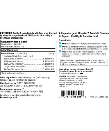 Klaire Labs SFI Health Pro-5 Probiotic - 25 Billion CFU High Dose Multispecies Gut Recolonization Support for Men & Women, Hypoallergenic & Dairy-Free (60 Capsules, 2 Pack) 120 Count (Pack of 1) - Buy Online on GoSupps.com