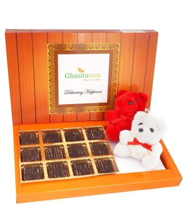 Ghasitaram Gifts Valentines Gift for Girlfriend/Boyfriend/Husband and Wife - Valentine Sweets Cashew Chocolate Barfi and 2 Teddies
