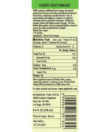 PDR Premium Cherry Vinegar 8.4 fl. Oz - 100% Natural, Aged in Oak Barrels, Fermented & Unfiltered - Vegan, Gluten-Free, Non-GMO - Glass Bottle, 8.45 Fl Oz - Buy Online on GoSupps.com