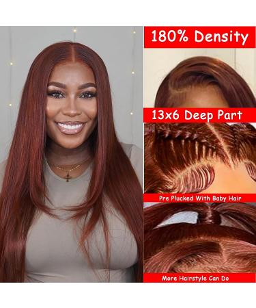 Reddish Brown 22 Inch HD Lace Front Human Hair Wig 180% Density with Baby Hair - Pre Colored Auburn Copper Red Bone Straight Glueless 13x6 Reddish Brown Lace Front Wig 33B - Buy Online on GoSupps.com