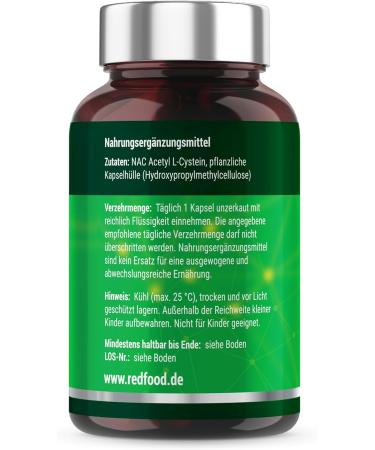 Redfood NAC 800 mg - High Dose N-Acetyl-L-Cysteine | 120 Vegan Capsules | Made in Germany | High Bioavailability & Tolerance - Buy Online on GoSupps.com