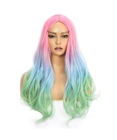 FAELBATY Colorful Wig Short Costume Wavy Wig Ombre Wig for Cosplay Girls and Women Party Wig (16" Rainbow Color) rainbow 210622