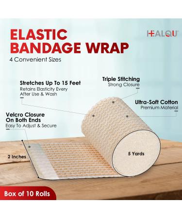 HEALQU Elastic Bandage- 2 Inch x 5 Yards, Self-Closure Compression Wrap for Various Body Parts - Box of 10 Rolls - Buy Online on GoSupps.com