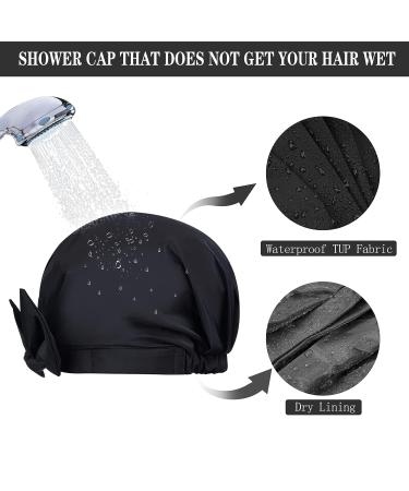 YQC Luxury Reusable Waterproof Shower Cap for Women - Adjustable Elastic Hair Cap - Cute Bow Design - Black- Ideal for Long, Short, and Curly Hair - Buy Online on GoSupps.com