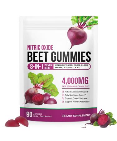 CSDLQNF Beet Root Gummies 4000mg - 8-in-1 Heart & Circulation Support Supplement - High Potency Beet Chews with Beetroot Grape Seed CoQ10 Vitamin C & B12 - Mixed Berry Flavor Vegan 90 Count