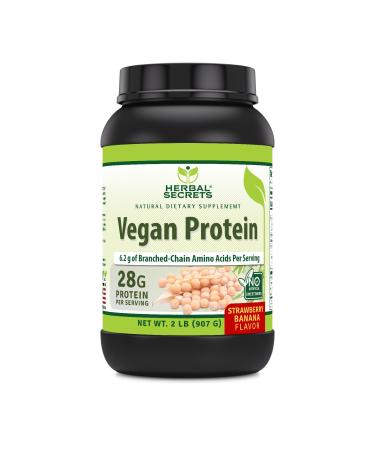 Herbal Secrets Vegan Protein | 28 Grams Protein | 23 Servings | 6.2 Grams BCAA Supplement | Made in USA (2 Lb Strawberry Banana) Strawberry Banana 2 Pound
