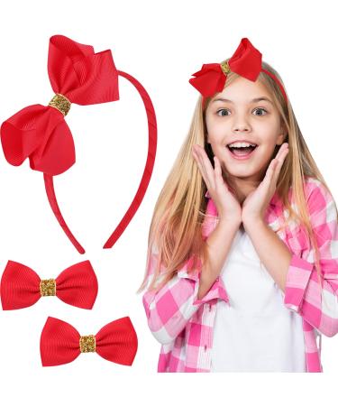 Wincredulous Red Bowknot Headband Soft Satin Red Ribbon Hairband Bow Headband with 2 Pieces Red Hair Bows for Women and Girls for Birthday Daily Decoration (Red)