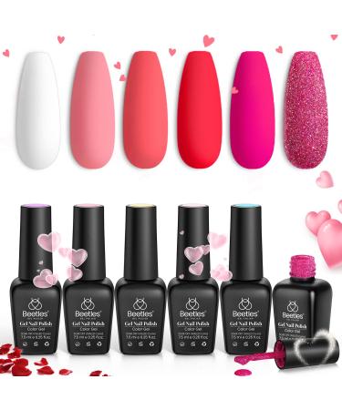 Beetles Gel Nail Polish Set - 6 Colors Pink Rose Red Spring Summer Nail Gel Kit Sweetheart Candies Collection Pink Glitter Gifts for Women Girlfriend Soak Off Nail Lamp Manicure Kit Pink Flamingo 0.25 Fl Oz (Pack of 6)