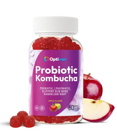 Probiotic Kombucha Gummies for Women Men - Probiotic Prebiotic Probiotic Blend with Slippery Elm Bark Dandelion Root for Gut Health Bloating Metabolism Support - Vegan Gluten-Free Apple Flavor 60 Count (Pack of 1)