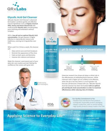QRxLabs Glycolic Acid Face Wash - Best Exfoliating Gel Cleanser for Wrinkles Acne & Shaving Bumps - 6 fl oz - Buy Online on GoSupps.com