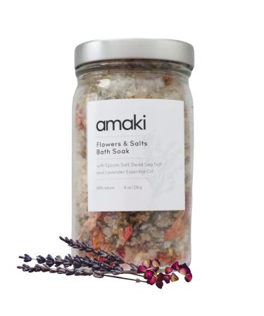 Amaki Herbal Bath Soak Blend of Epsom and Dead Sea Salt Infused with Lavender Essential Oil - For Stress Relief  Reduce Sore Muscle  Skin Soothing - Luxury Gift Set of 2  8 ounces Jars