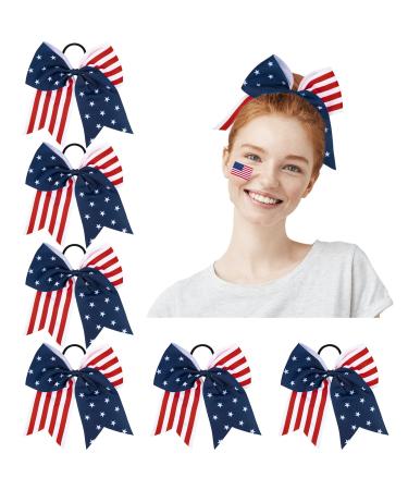 AnyDesign 6 Pack 4th of July Large Cheer Bows Patriotic Stars Stripes Satin Cheerleader Hair Bows with Elastic Ponytail Holder American Flag Hair Tie Band Independence Day Hair Accessories for Girls