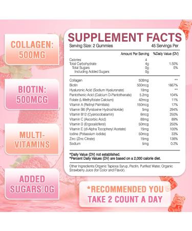 180 Count Collagen Gummies Collagen Protein Type I II III V X with Biotin Vitamin C A B D E Keratin Hyaluronic Acid for Hair Skin Nails Joint Immune Digestion Women Men Sugar Free Strawberry Strawberry 90 Count (Pack of 2) - Buy Online on GoSupps.com