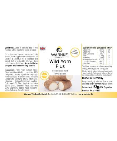 Wild yam - Extract - 100 capsules- Vegetarian - 20% diosgenin vitamin C and E beta-carotene zinc and selenium | Warnke Vitalstoffe - Quality from German pharmacies - Buy Online on GoSupps.com