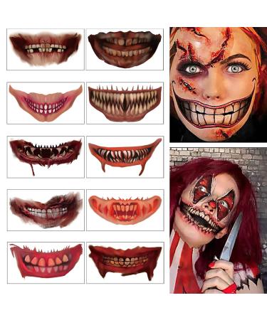 Halloween Tattoo Stickers  Halloween Prank Makeup Temporary Tattoo Halloween Clown Horror Mouth Face Tattoo Sticker Decals Prank Props for Halloween Cosplay Party DIY Decorations 10Pcs Halloween Decor (Halolween lip)