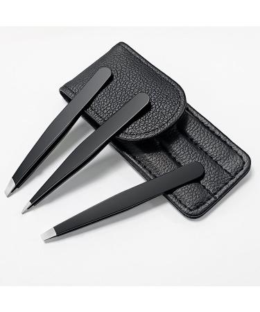 TOPMEET Stainless Steel Eyebrow Tweezers Set for Facial Hair and Splinter Removal - Women/ Men, Black - Buy Online on GoSupps.com