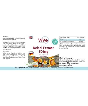 ViVe Supplements Reishi Extract 500mg 120 Capsules Ganoderma Lucidum HIGH DOSE VEGAN Made in Germany - Buy Online on GoSupps.com
