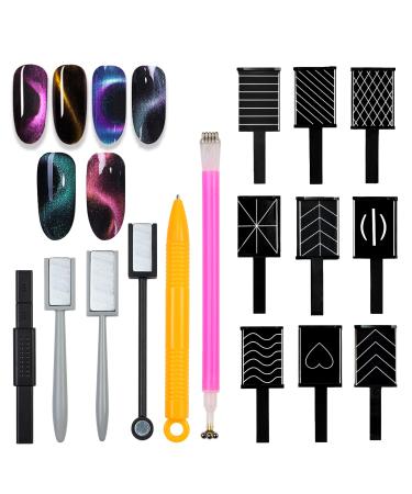 RoseFlower 15pcs Nail Magnet Tool Set Magnet Plate Wand Board for DIY 3D Magnetic Cat Eye Gel Polish Nail Art Tools Cat Eye Magnetic Stick Pen Women Nails Magnets Wand for Salon Studio Home 016-15pcs