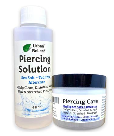 SET Urban ReLeaf Piercing Solution & Piercing Care ! Healing Sea Salts & Tea Tree AFTERCARE Safely Clean, Disinfect & Heal New & Stretched Piercings. Gentle Natural Soothing Works Fast, Non-Iodized