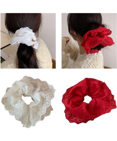 PURPLELILY Lace Scrunchies for Women Large Elastic Hair Scrunchy Eye Catching Hair Rope French Hair Bobbles Ponytail Holder Red - Buy Online on GoSupps.com