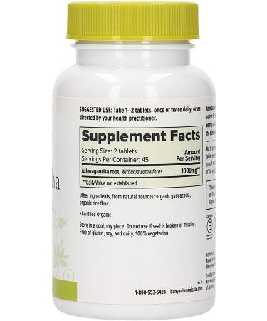 Banyan Botanicals Organic Ashwagandha Supplement - Adrenal Support, Immune Health, Stress Relief - 90 Tablets, Non-GMO, Vegan - Buy Online on GoSupps.com