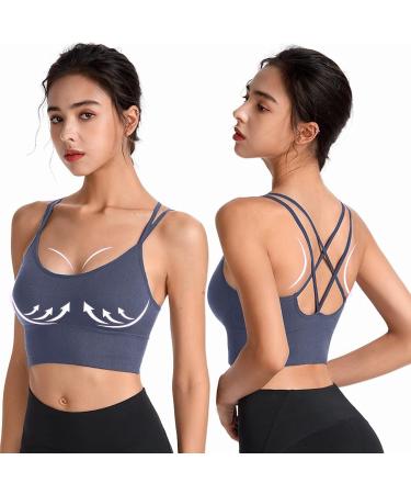 Riou Women's Sports Bras | Cross-Back Padded Crop Bustiers for Yoga & Fitness | Low-Impact Workout Bras in Small Blue - Buy Online on GoSupps.com