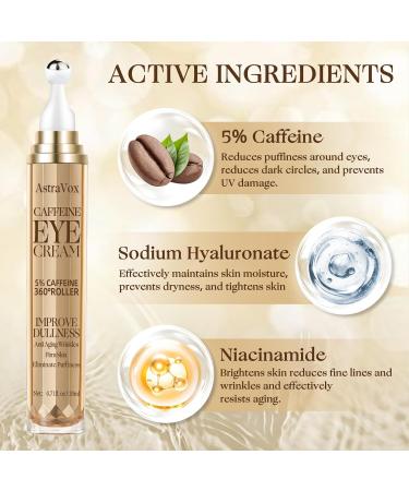 AstraVox Caffeine Eye Cream Under Eye Cream for Dark Circles and Puffy Eyes Reduce Eye Bags and Anti Aging with 360°Massage Ball - 0.71 Oz - Buy Online on GoSupps.com