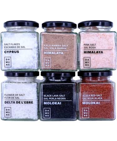 DAMUNE Sels Gourmet: Sel noir Hawaii (200g) Sel rouge Alaea Hawaii (200g) Flocons de sel de Chypre (100g) Fleur de Sel Delta de l'Ebre (150g) Sel Kala Namak (200g) et Sel rose (200g)