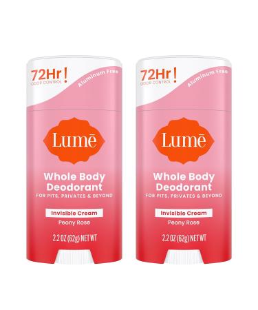 Lume Natural Deodorant - Underarms and Private Parts - Aluminum Free, Baking Soda Free, Hypoallergenic, and Safe For Sensitive Skin - 2.2 Ounce Cream Stick Two-Pack (Peony Rose)