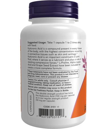Now Foods Hyaluronic Acid Double Strength 100 mg - 120 Vegan Capsules for Hydration - Buy Online on GoSupps.com