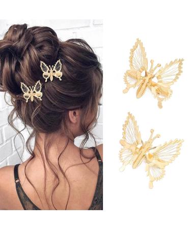 Bartosi 3D Butterfly Hair Clips Gold Metal Moving Butterfly Hair Barrettes Hair Clamps Pins Claw Clips Cute Butterfly Hairpin Hair Styling Accessories for Women and Girls (Pack of 2)