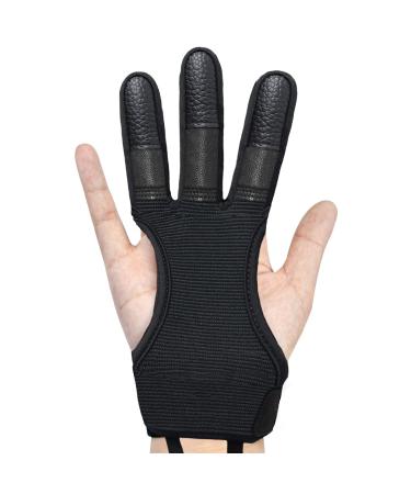 IndoorJoy Archery Gloves - Three Finger Protective Gloves for Men, Women, Teenagers and Adults - Beginner Archery Accessories for Hunting, with Leather Finger Guards,Finger Tabs Large Thickened Black