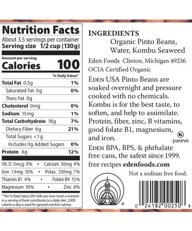 Eden Organic Pinto Beans 15 oz Can - No Salt, Non-GMO, Gluten Free, Vegan, Kosher, U.S. Grown - Heat and Serve, Macrobiotic - Frijol Pinto - Buy Online on GoSupps.com