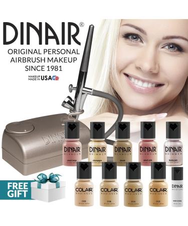 Dinair Airbrush Makeup Professional Natural Look Summer Kit | FAIR Shades | 10pc Make-up Set | Multi-Purpose for Foundation, Blush, Shimmer, Concealer, Eyeliner | Plus Shadow/Brow Stencils