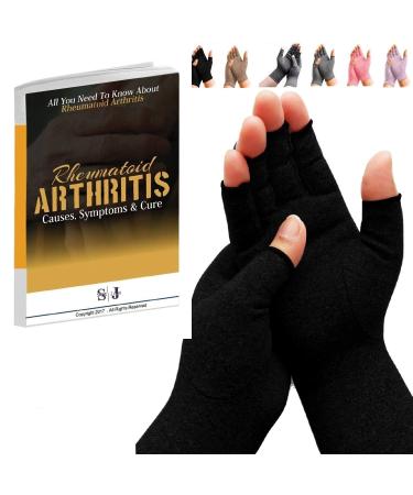 SyeJam Arthritis Gloves Fingerless- Rheumatoid Arthritis Compression Gloves for Pain Relief - Black (M) 1 Pair Black (1 Pair) + Free Ebook M