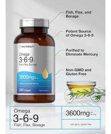Horbaach Triple Omega 3-6-9 3600mg Softgels - Fish, Flaxseed, Borage Oils - 240 Count - Non-GMO, Gluten Free - Buy Online on GoSupps.com