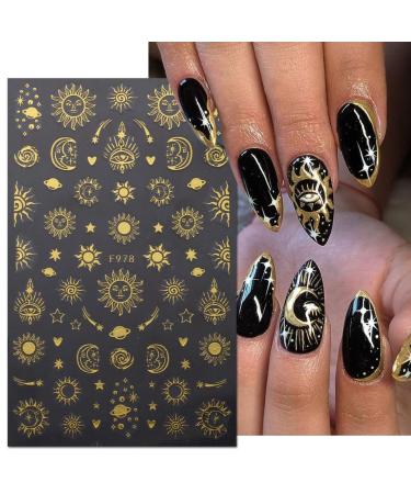 8 Sheets Gold Star Nail Stickers | Metallic 3D Self-Adhesive Nail Art Decals for Women - Sun Moon & Planet Designs - Buy Online on GoSupps.com