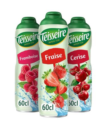 Set of 3 Teisseire Syrups (Strawberry Raspberry Cherry) for Refreshing Drinks Cocktails Recyclable Bottle 3 x 60 cl