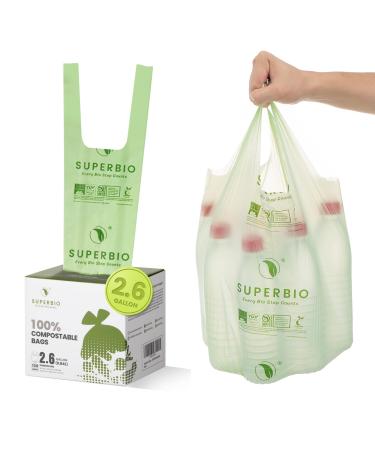 SUPERBIO 2.6 Gallon Compostable Handle Tie Garbage Bags, 100 Count, 1 Pack, Kitchen Trash Bag With Handle, Food Scrap Small Bags Certified by BPI and OK Compost Meeting ASTM D6400 Standards 100 Count (Pack of 1)
